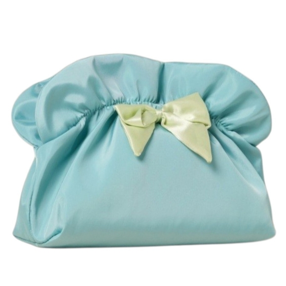 Ruffle Cosmetic Bag Francesca's Blue Taffeta With Green Bow Medium Size NWT - Picture 3 of 4
